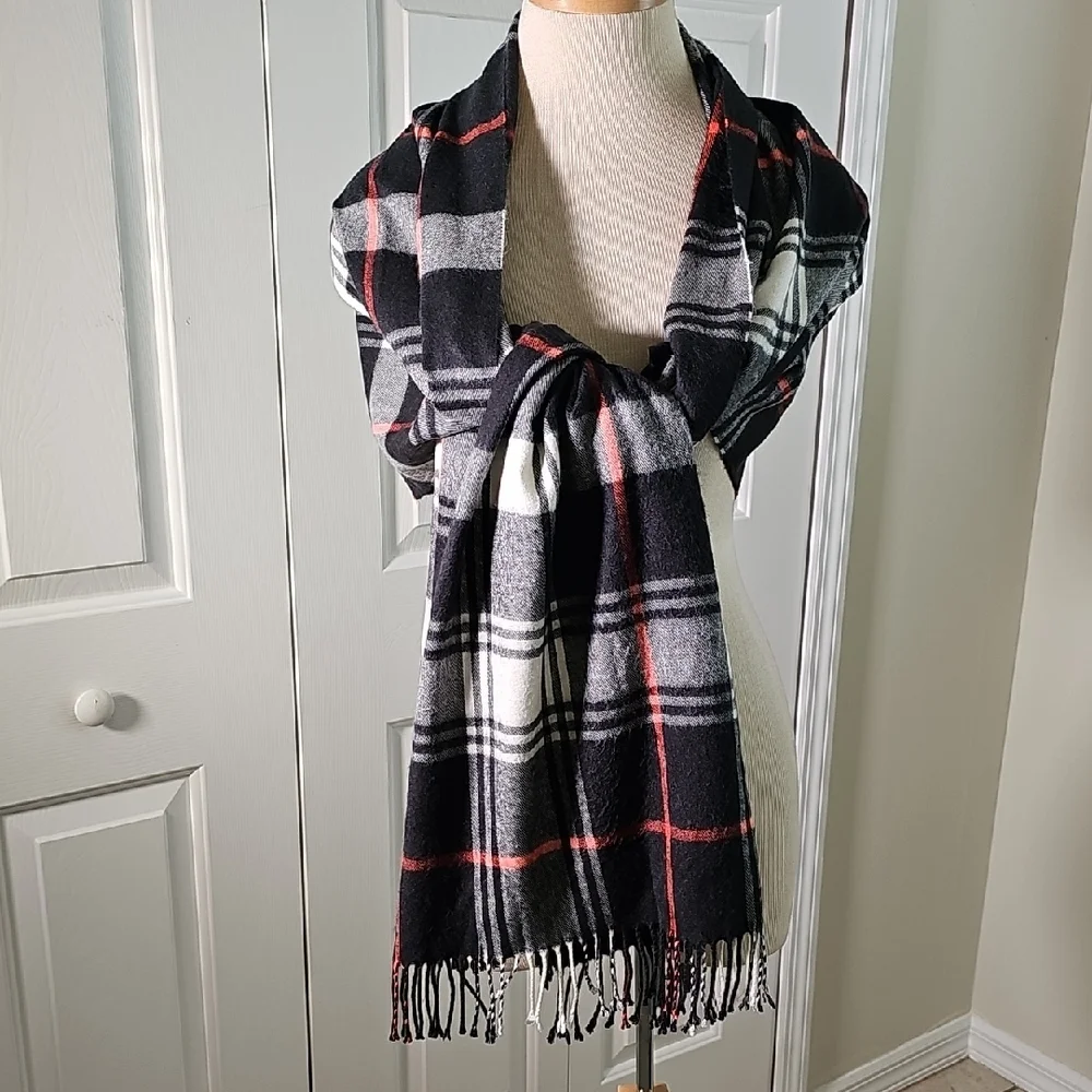 Plaid Black and White Scarf with Red‎ Accents. 25